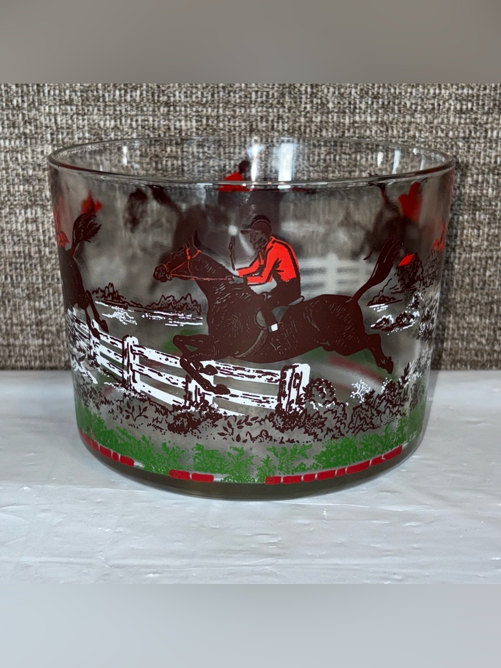 Hazel Atlas “Fox Hunt” Equestrian Horse Jockey Glass Bowl Ice Bucket 1950s